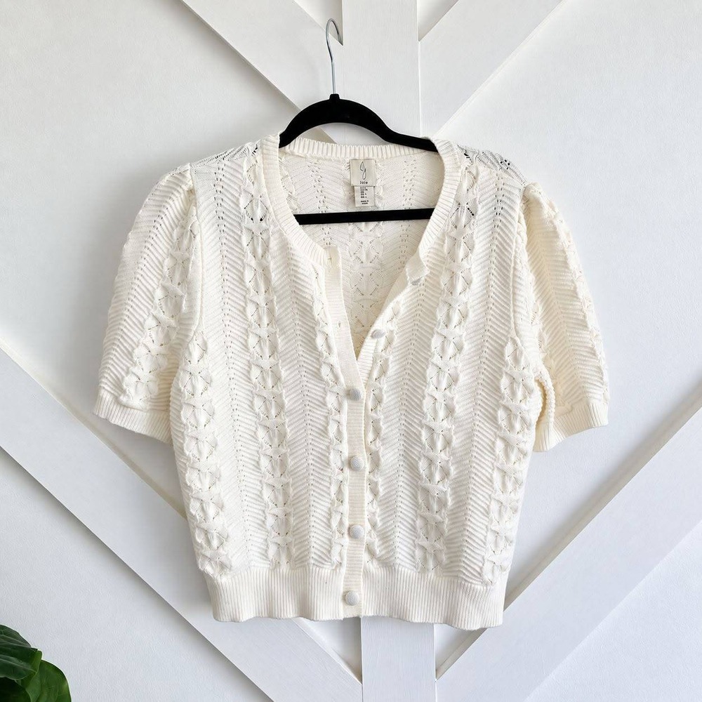 Joie Cardigan Women Large White Short Sleeve Pointelle Puff Sleeve Knit Sweater